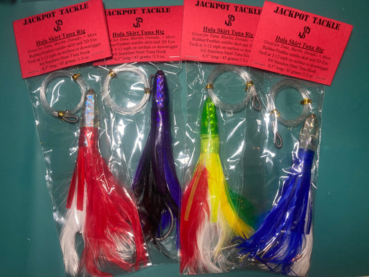 6.5" Hula Skirt Fly Feather Rig Trolling Lures 1.5 oz Bullet Head Feathered TUNA Lure